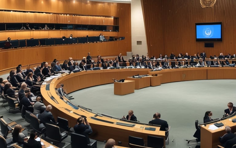A close-up of a well-worn book on international law resting on a wooden desk.