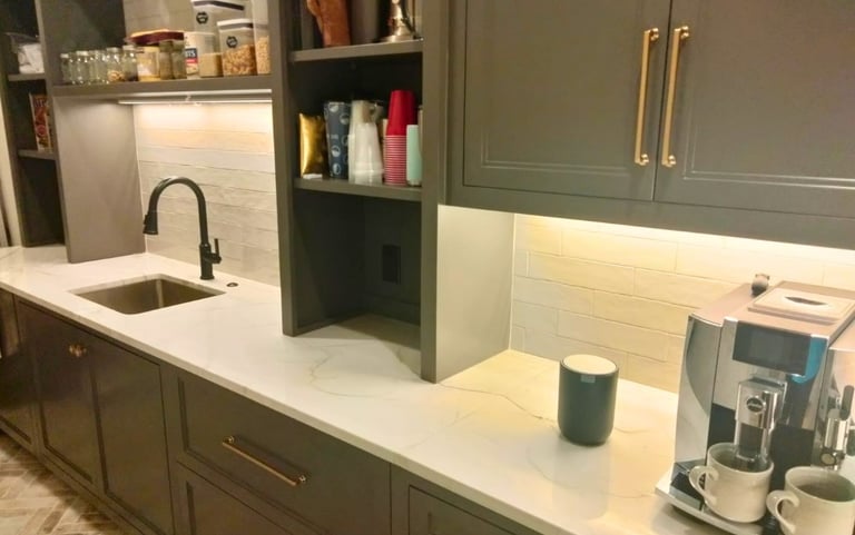 A modern kitchen with white granite countertops cleaned and sealed in Spartanburg SC