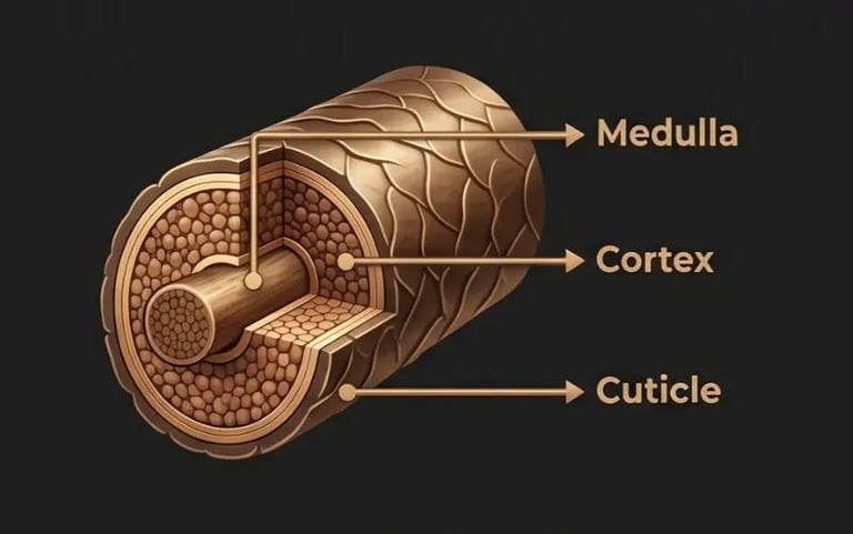 The structure of the hair strand consists of three layers: medulla, cortex, and cuticle.