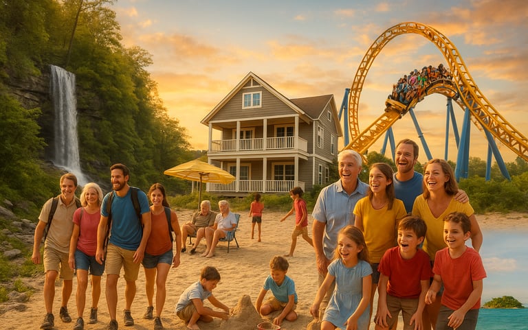 collage of big family vacation destinations showing a multigenerational family hiking by a waterfall, kids building sandcastl