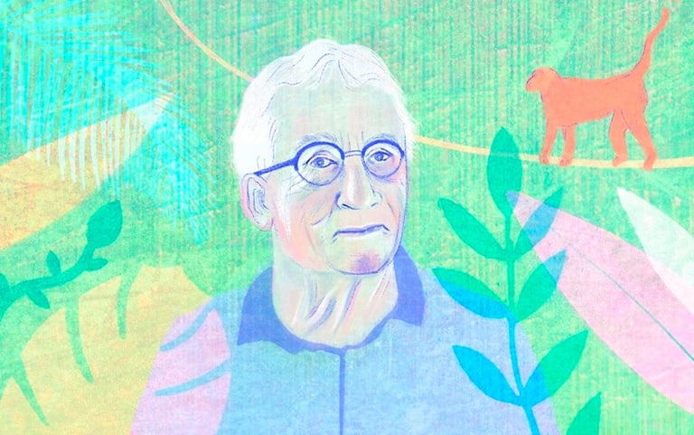 Portrait illustré de l'ethnologue et primologue Frans de Waal.