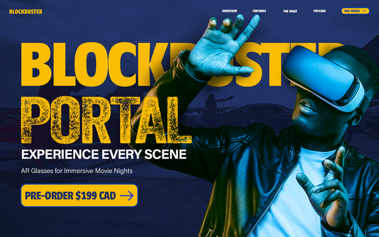 portal landing page hero section with blue tint man with ar glasses and blockbuster portal word block behind man and nav bar