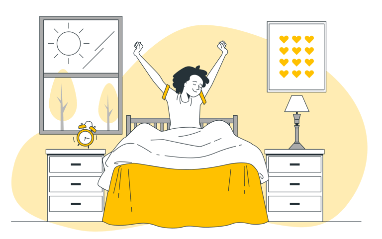 A person rises out of a yellow bed, arms outstretched as she awakes well rested to her alarm clock.