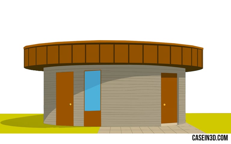 Illustration of the 3D-printed community center in Kirkebjerg Søpark, Brøndby. A circular concrete 