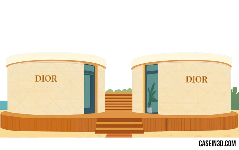 Illustration of a Dior installation in Dubai: two beige cylindrical boutiques on a wooden platform.