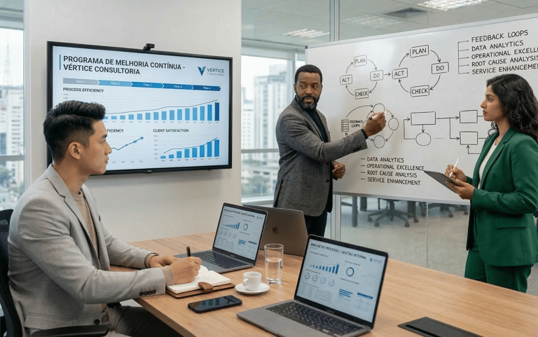Consultores em reunião de eficiência com gráficos