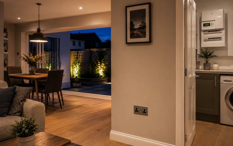 Modern UK home with upgraded LED lighting, additional sockets and professionally installed electrical systems.
