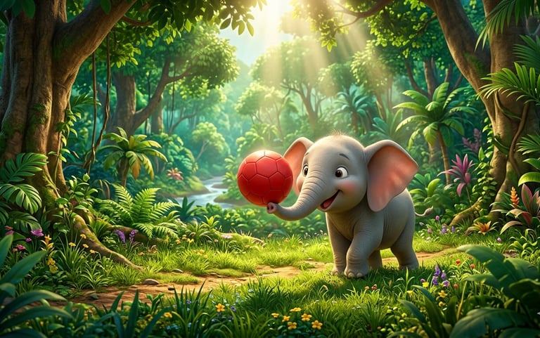 Cute baby elephant playing with a red ball in a lush tropical jungle with sunlight filtering through the trees.