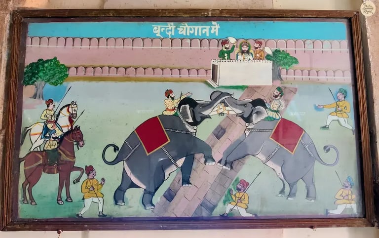 Historic elephant combat painting from Sukh Mahal, showcasing Bundi’s royal art style.