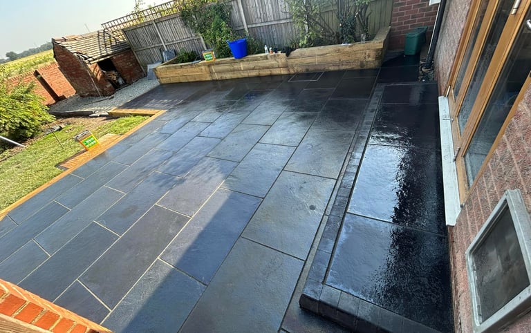 New lawn and stone pathway installation in Droitwich garden