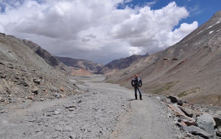 Nick Billington riding the Leh to Manali highway over the great Himalayan range, Ladakh, India 