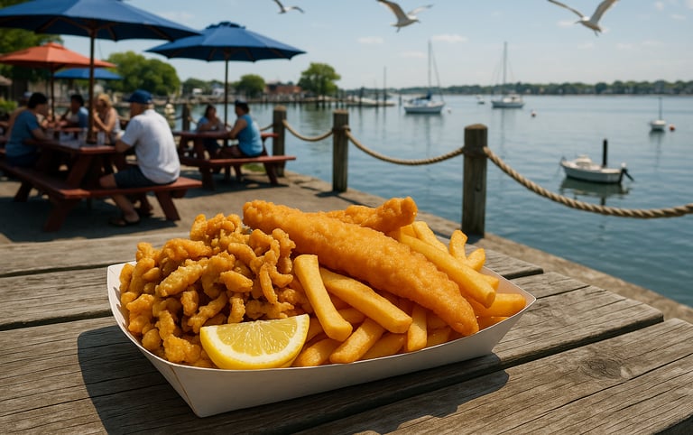Fried seafood platter with clams, fish fillets, and fries served on a wooden table by the water at City Island in the Bronx,