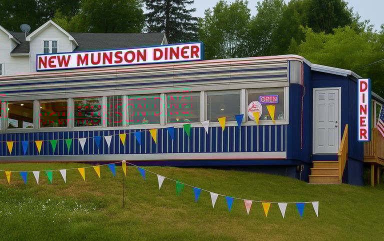 Restored 1940s silver diner car in Liberty, New York, with neon signs glowing at dusk, classic American cars parked outside,