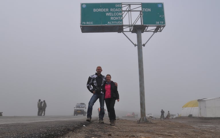 Tracey Billington riding the Leh to Manali highway over the great Himalayan range, Ladakh, India 