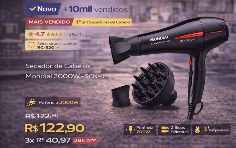 Black Mondial Power Shine 2000W hair dryer with diffuser and nozzle attachments on sale.