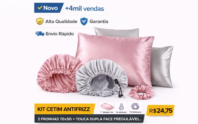 Kit de cetim antifrizz com fronhas, touca dupla face e scrunchie rosa e cinza para cuidados capilares.