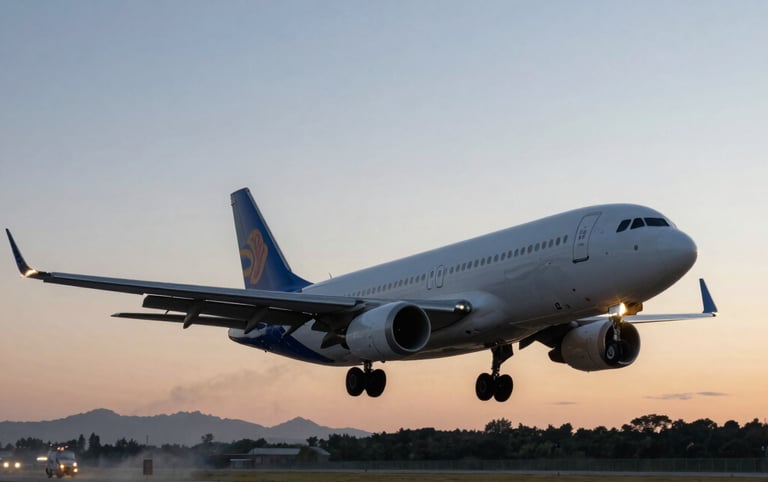 A commercial airplane prepares for landing on a runway during a scenic golden hour sunset.