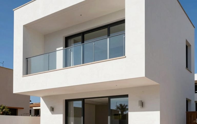 A high-end residential renovation project in Castellon, Spain. The photograph shows a modern villa under the bright Mediterranean sun, highlighting expert masonry and a pristine white exterior finish. Professional architectural photography style with deep blue sky.