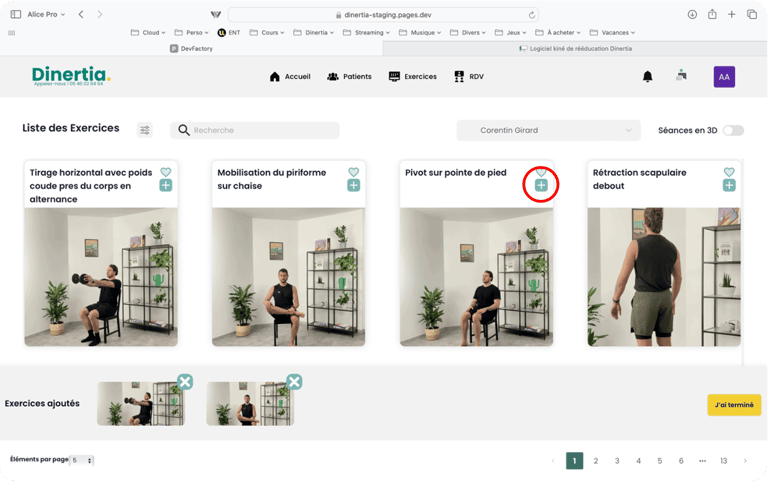 Appuyer sur les + pour choisir ses exercices