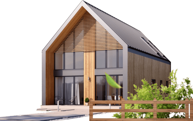 a small house with a wooden fence and a fence