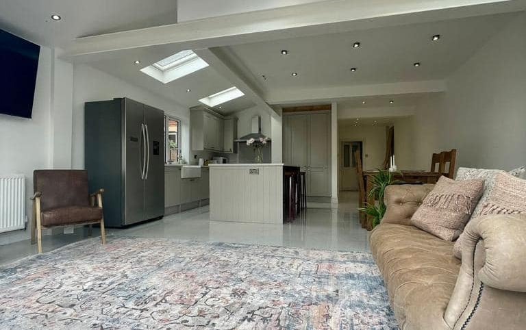Open-plan layout created by internal wall removal in Worcestershire home