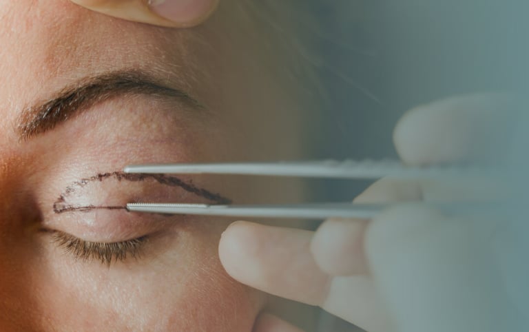 mujer con el párpado pintado para hacer una blefaroplastia