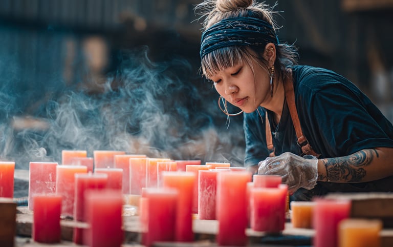 a woman in a black shirt and a black headband checking over the new candles she made