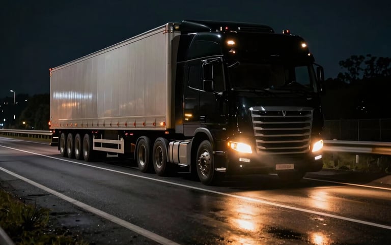 Wide environmental night shot of a sleek black semi-truck moving on an empty highway, wet asphalt reflecting sharp gold headlamps, low-key lighting with deep shadows.