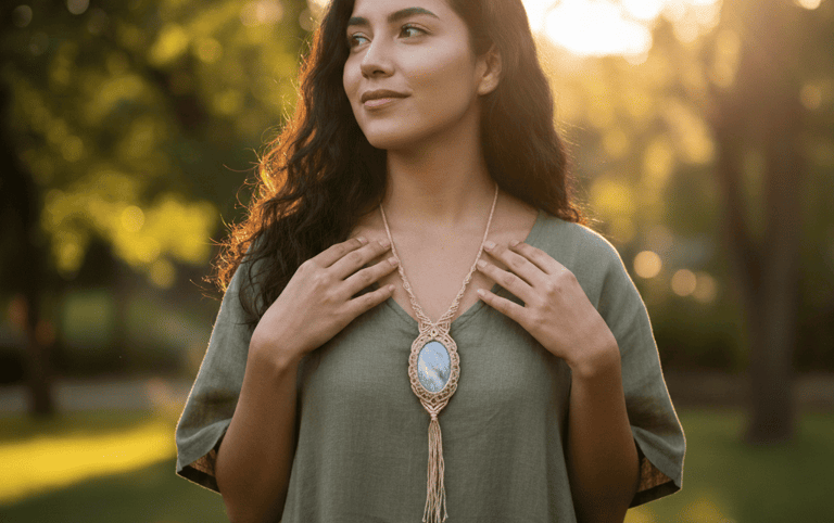 Mujer luciendo un collar de macramé hecho a mano con un dije de piedra preciosa azul al atardecer