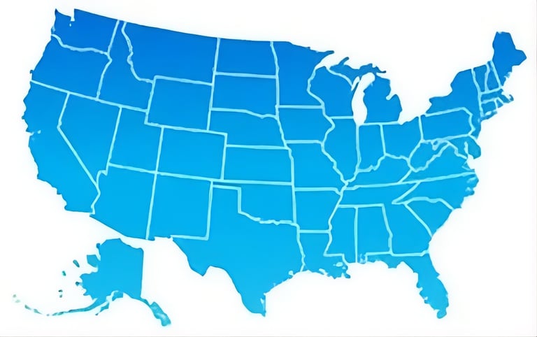 Blue gradient map of the United States showing borders of the 50 states on a white background.