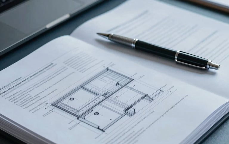 An organized desk with a focus on administrative tools and architectural documents in a Brazilian professional setting. The image uses shades of dark blue and gray-blue to convey a sense of reliability and technical expertise.