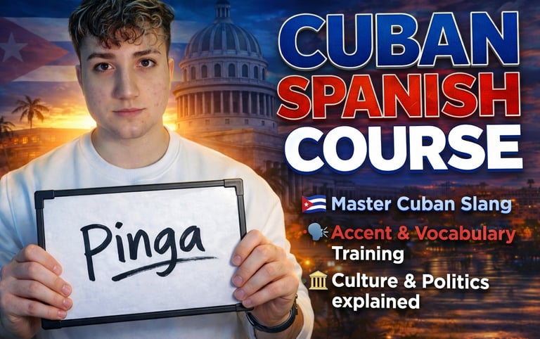 Young man holding a whiteboard with Cuban slang for a Spanish language course thumbnail.