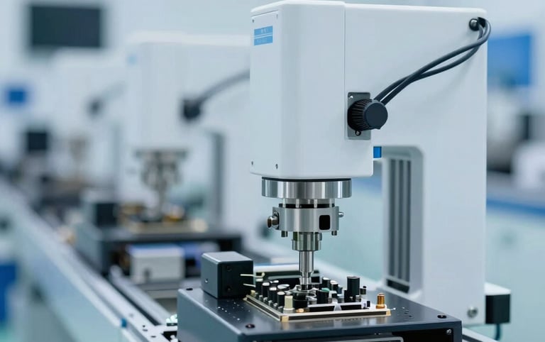 A close-up of a state-of-the-art automated SMT manufacturing line inside a clean, modern electronics facility. The lighting is bright and clinical, emphasizing precision engineering. The color palette features whites and metallic blues reflecting #3F72AF and #8DCBEF tones.