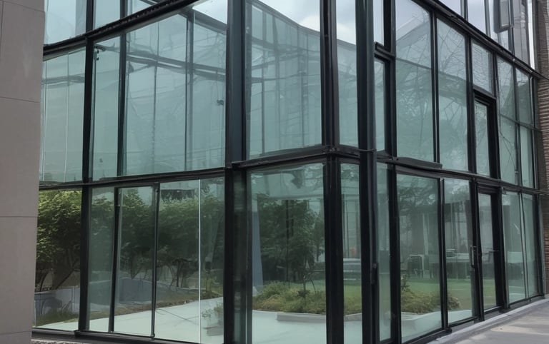 a large glass building with a clock on the outside