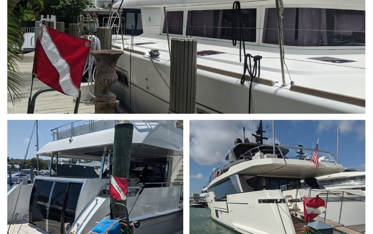 Diver perfoming underwater hull cleaning on a yacht in Fort Lauderdale marina