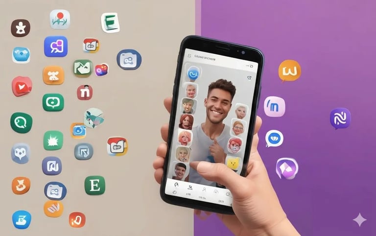 Uma mão segurando um smartphone usando um aplicativo de filtro facial, com ícones de redes sociais 