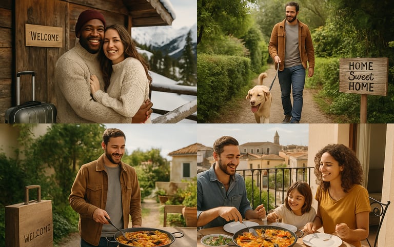 Collage of real-life home swap stories: a couple in a snowy cabin, a solo traveler walking a dog in a garden, and a family di