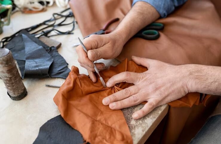 technician repairing orange leather material 