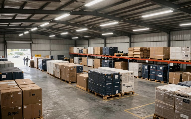 Wide-angle environmental shot of an organized warehouse consolidation bay in Agbara, cargo loading operations under bright fluorescent lighting.