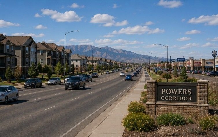 busy residential corridor along Powers Boulevard Colorado Springs showing dense suburban development and mixed residential