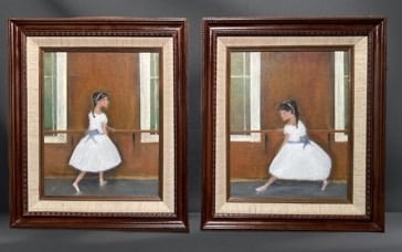 two framed paintings of two ballerinas in white dresses