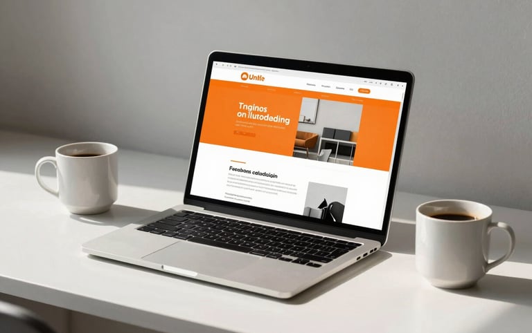 A clean modern workspace in Munich with natural daylight, a high-end laptop showing a clean minimalist web layout with orange accents, a coffee mug, and soft shadows.