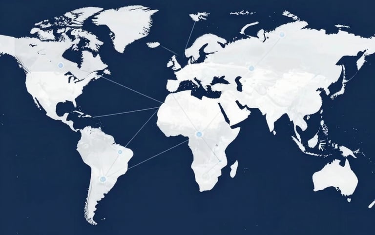 A conceptual, minimalist graphic representing global connectivity with interconnected nodes over a dark blue background, professional and sophisticated style using #0F1C2C and #F5F8FA tones.