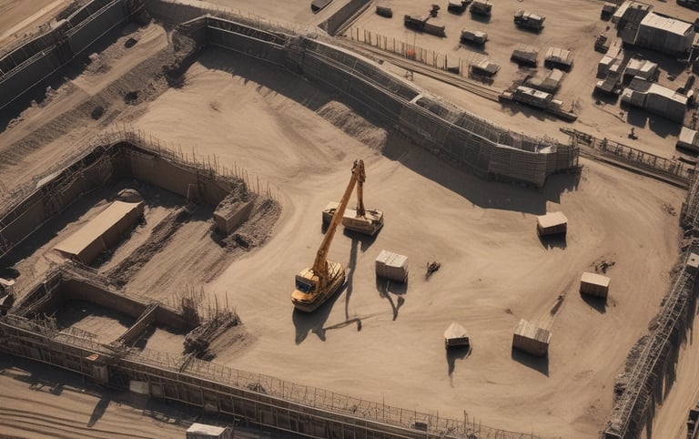 A construction site is depicted with heavy machinery including an excavator, a bulldozer, and a backhoe loader. Large pipes are stacked in the background, and there is a section of earth that appears to be excavated. Traffic cones and barriers are positioned around the site, indicating ongoing work. The ground is mostly bare and dusty, with some areas containing gravel and red dirt.