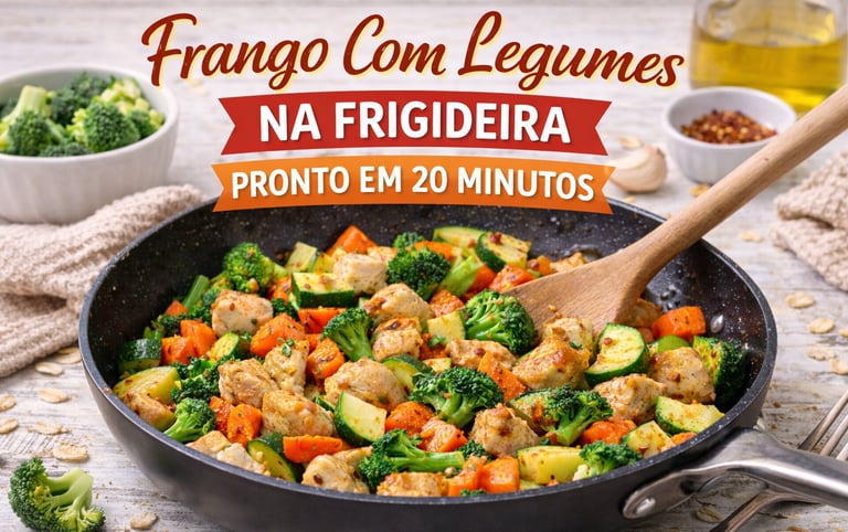Frango com legumes na frigideira, com brócolis, cenoura e brócolis