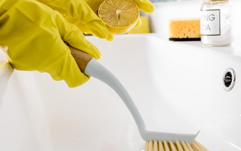 using lemon juice and baking soda to clean the bathroom