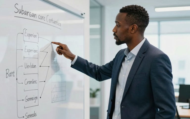 A professional medium shot of a business consultant pointing at a strategy whiteboard in a sleek, modern office in Sub-Saharan Africa / Pan-African context. The room is bright with white and light blue accents.