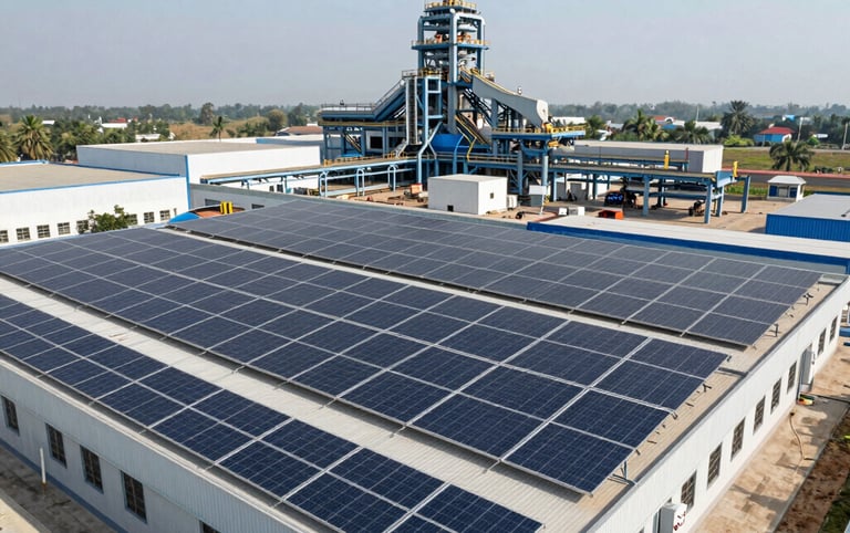 An expansive view of a large-scale industrial facility in Uttar Pradesh equipped with a massive rooftop solar panel array under the bright Indian sun, showcasing clean energy infrastructure.