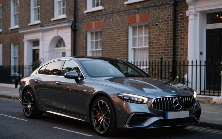 A sleek, dark metallic car parked on a quiet, high-end London residential street with traditional brick townhouses in the background, dusk lighting catching the polished surfaces, conveying luxury and achievement.