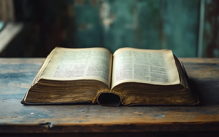 Vintage book lying open on a rustic table near a green wall